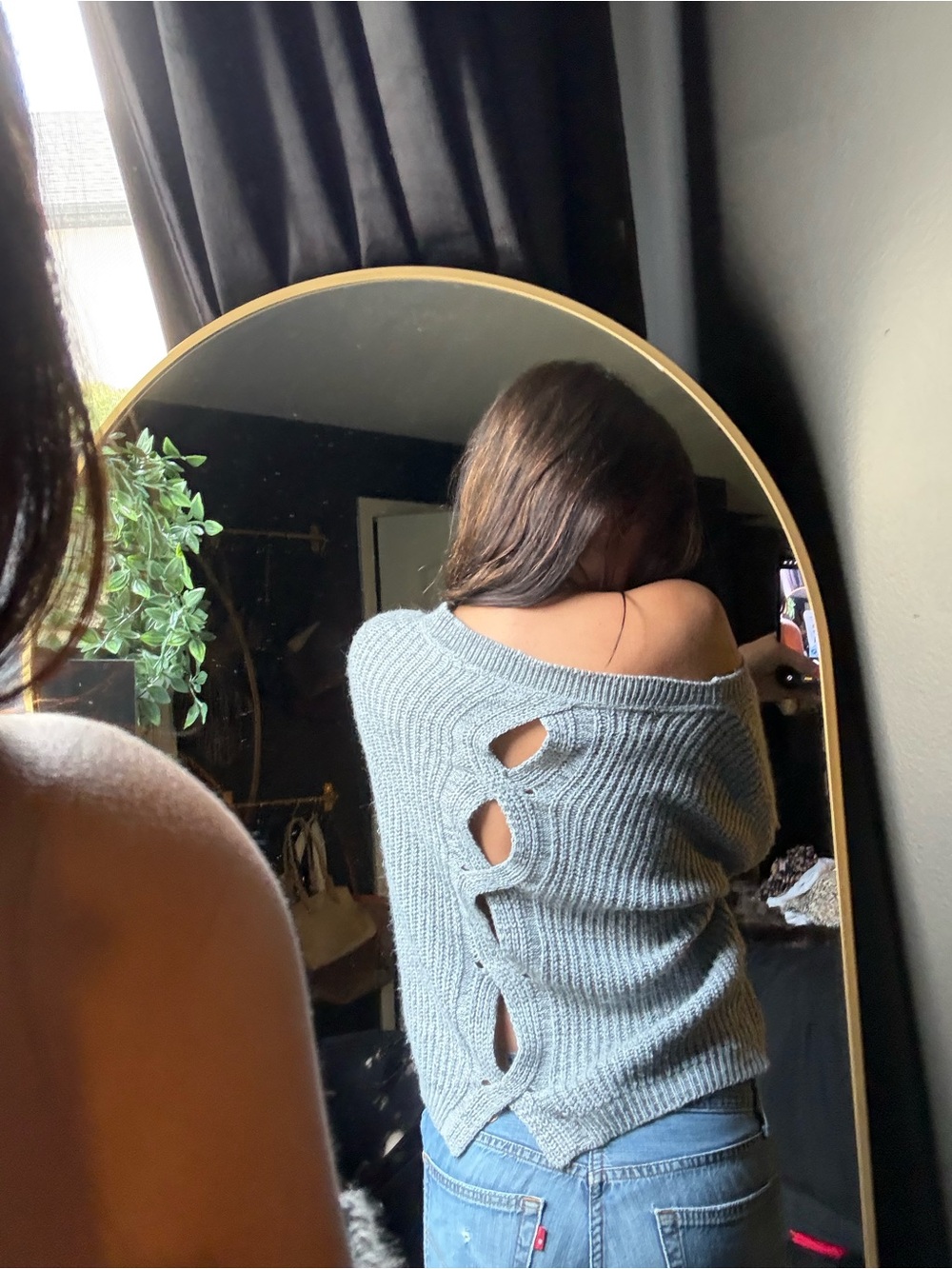 Women's Off-Shoulder Ribbed Sweater - Gray - Picture 2 of 3